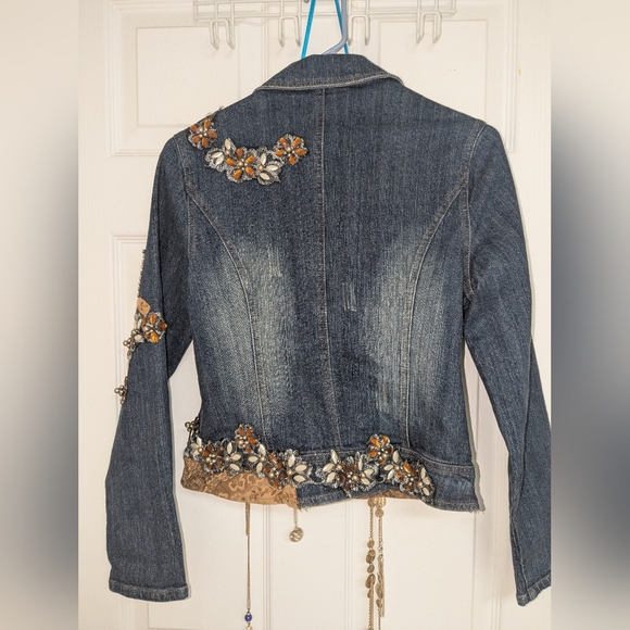 Embellished Denim Jacket by WEST 36th with Fox Fur Trim, Beaded Rhinestone - Picture 11 of 12